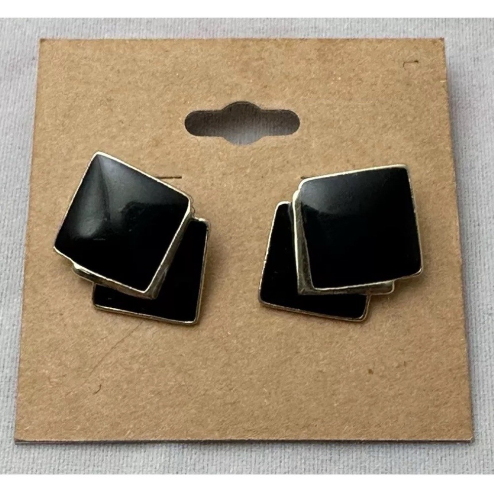 Trifari Vintage Black Enamel Geometric Square Stud Earrings Gold Tone Post Back